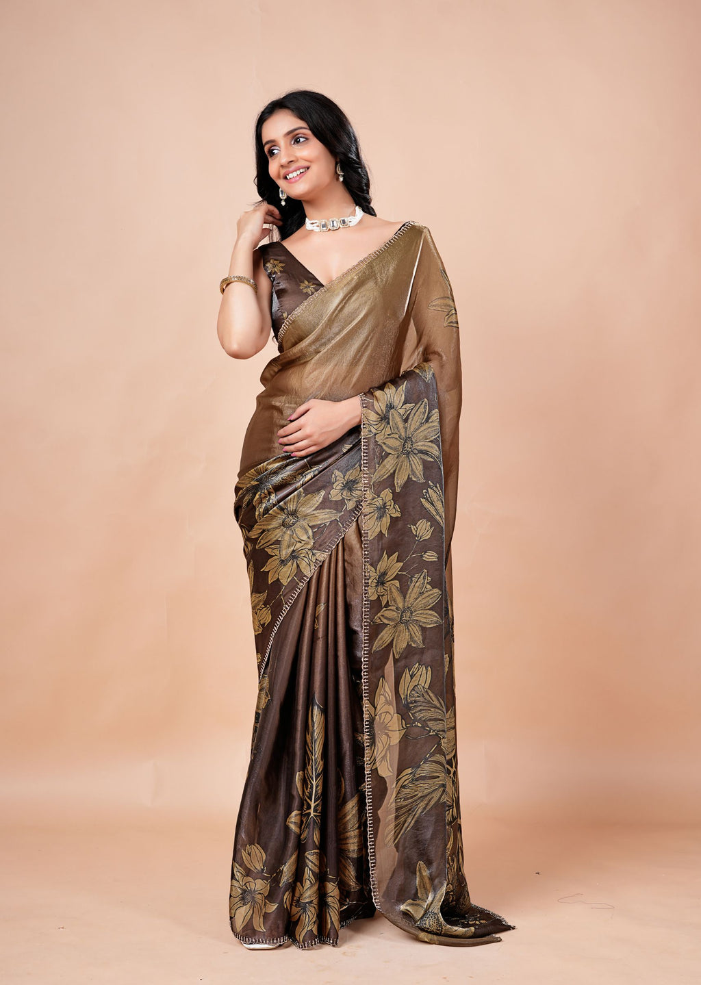 Dusty Lavender Organza Saree with Floral Print & Stone Work Border