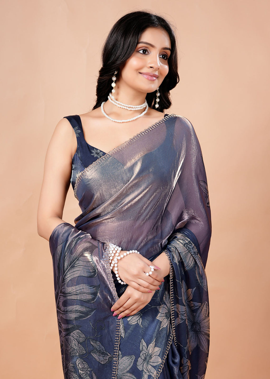 Dusty Lavender Organza Saree with Floral Print & Stone Work Border