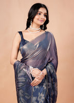 Dusty Lavender Organza Saree with Floral Print & Stone Work Border