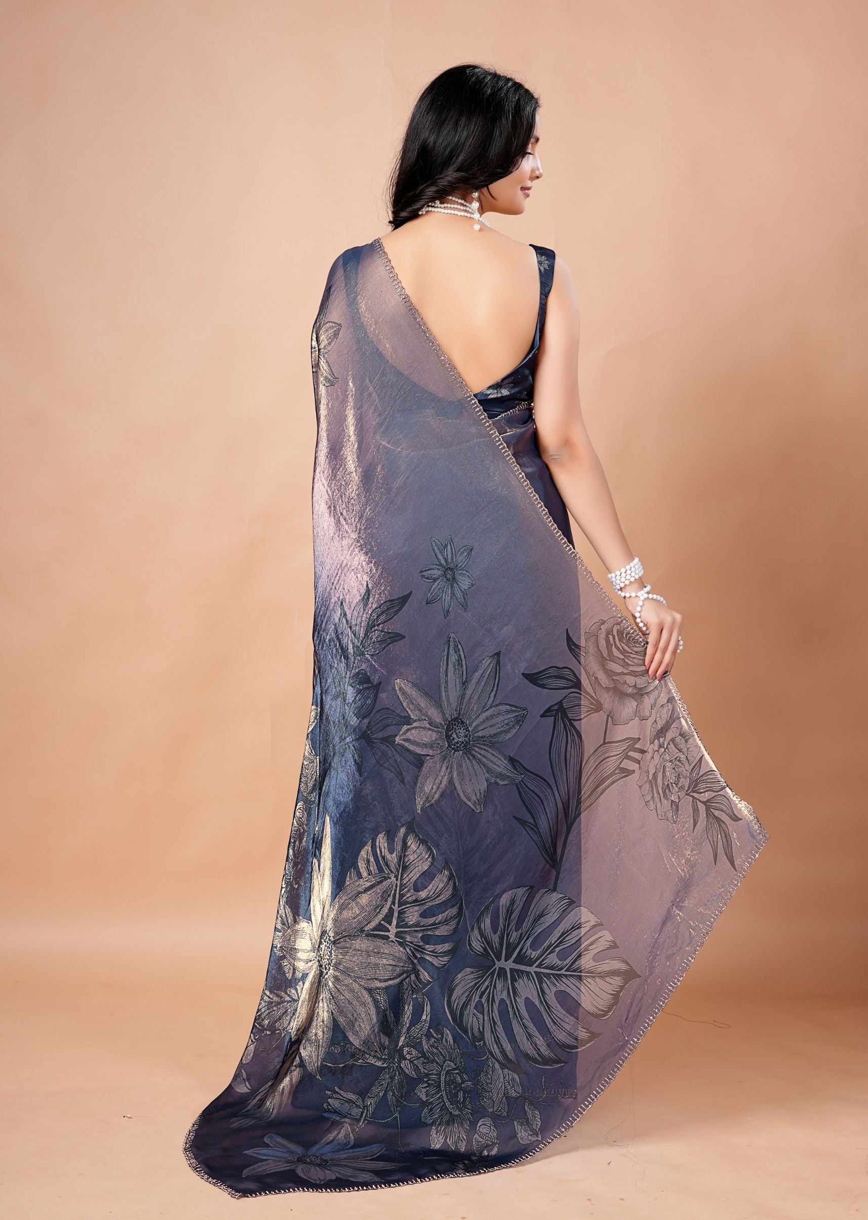 Dusty Lavender Organza Saree with Floral Print & Stone Work Border
