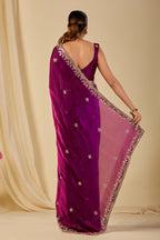 Wine purple organza saree with delicate floral embroidery