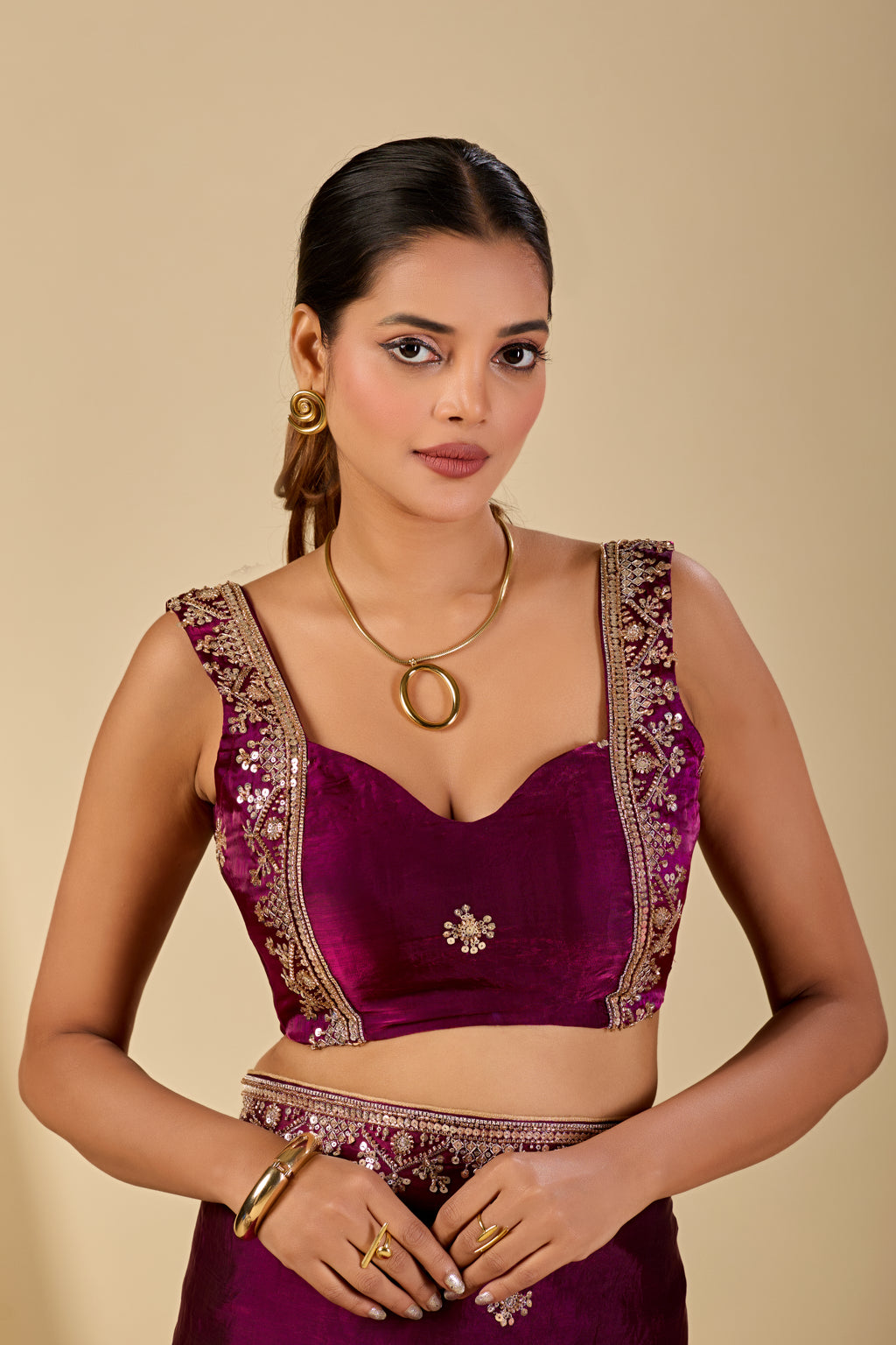 Wine purple sheer organza saree with floral motifs