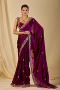 Wine purple embroidered organza saree with embellished border