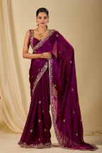 Wine purple embroidered organza saree with embellished border