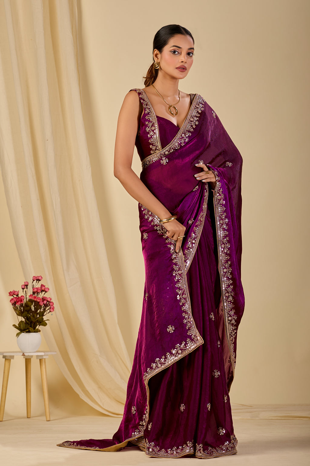 Purple Italian Silk Saree With Embroidery And Stone Work