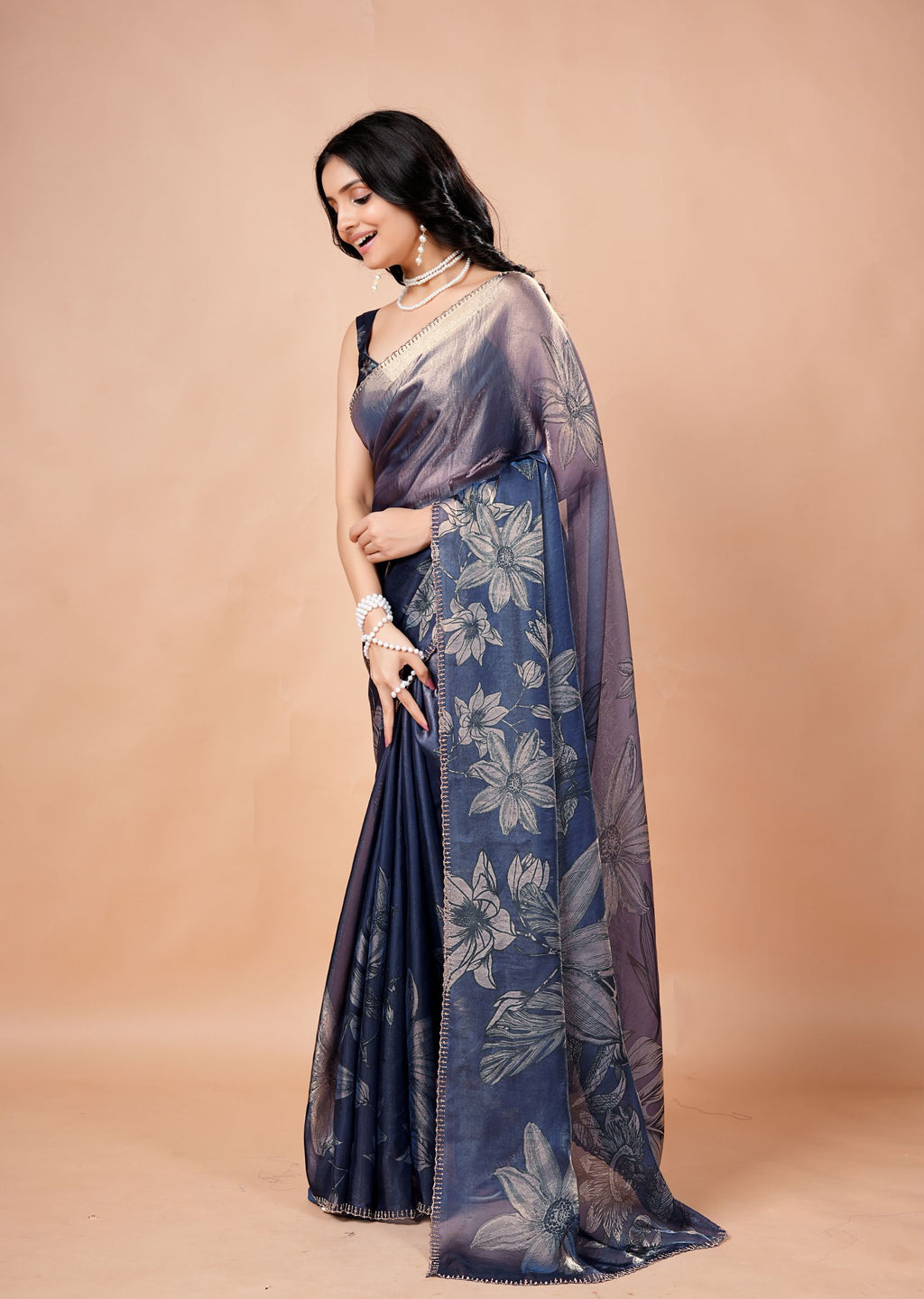 Dusty Lavender Organza Saree with Floral Print & Stone Work Border