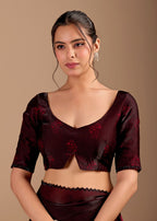Wine Purple Organza Saree with Abstract Floral Print & Designer Scalloped Border