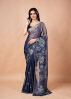 Dusty Lavender Organza Saree with Floral Print & Stone Work Border