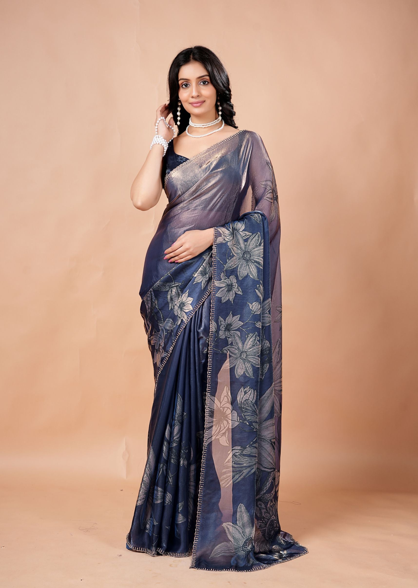 Dusty Lavender Organza Saree with Floral Print & Stone Work Border