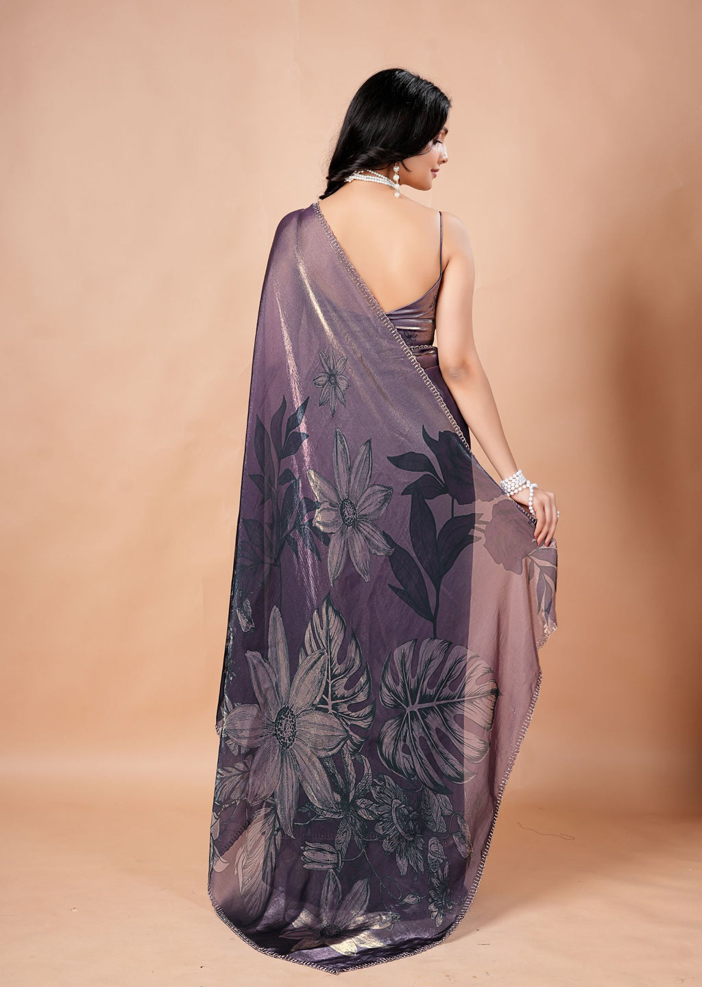 Dusty Lavender Organza Saree with Floral Print & Stone Work Border