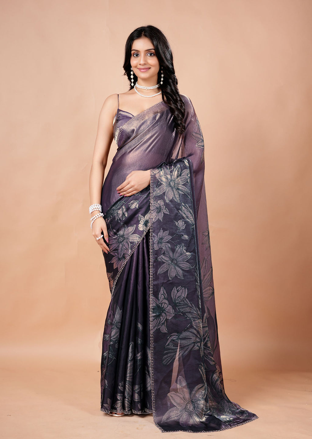 Dusty Lavender Organza Saree with Floral Print & Stone Work Border