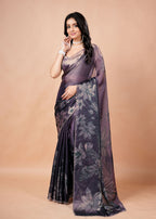 Dusty Lavender Organza Saree with Floral Print & Stone Work Border