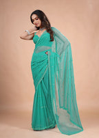 Sea Green Organza Saree with Zari Floral Buti & Stone Work Border