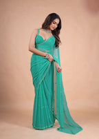 Sea Green Organza Saree with Zari Floral Buti & Stone Work Border