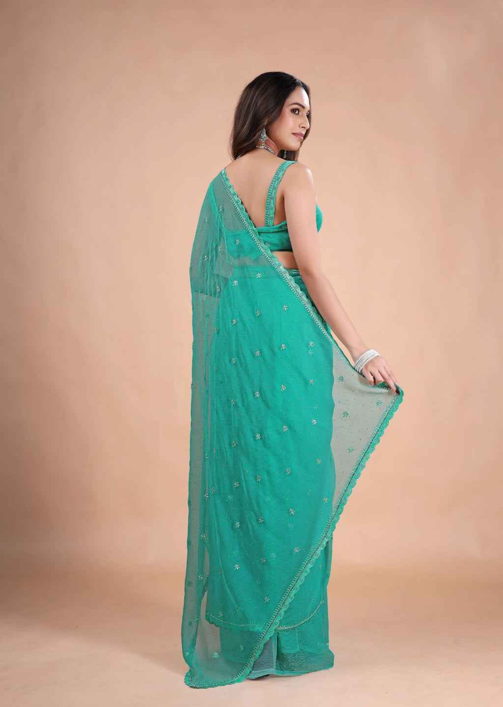 Sea Green Organza Saree with Zari Floral Buti & Stone Work Border