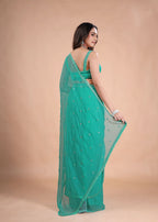 Sea Green Organza Saree with Zari Floral Buti & Stone Work Border