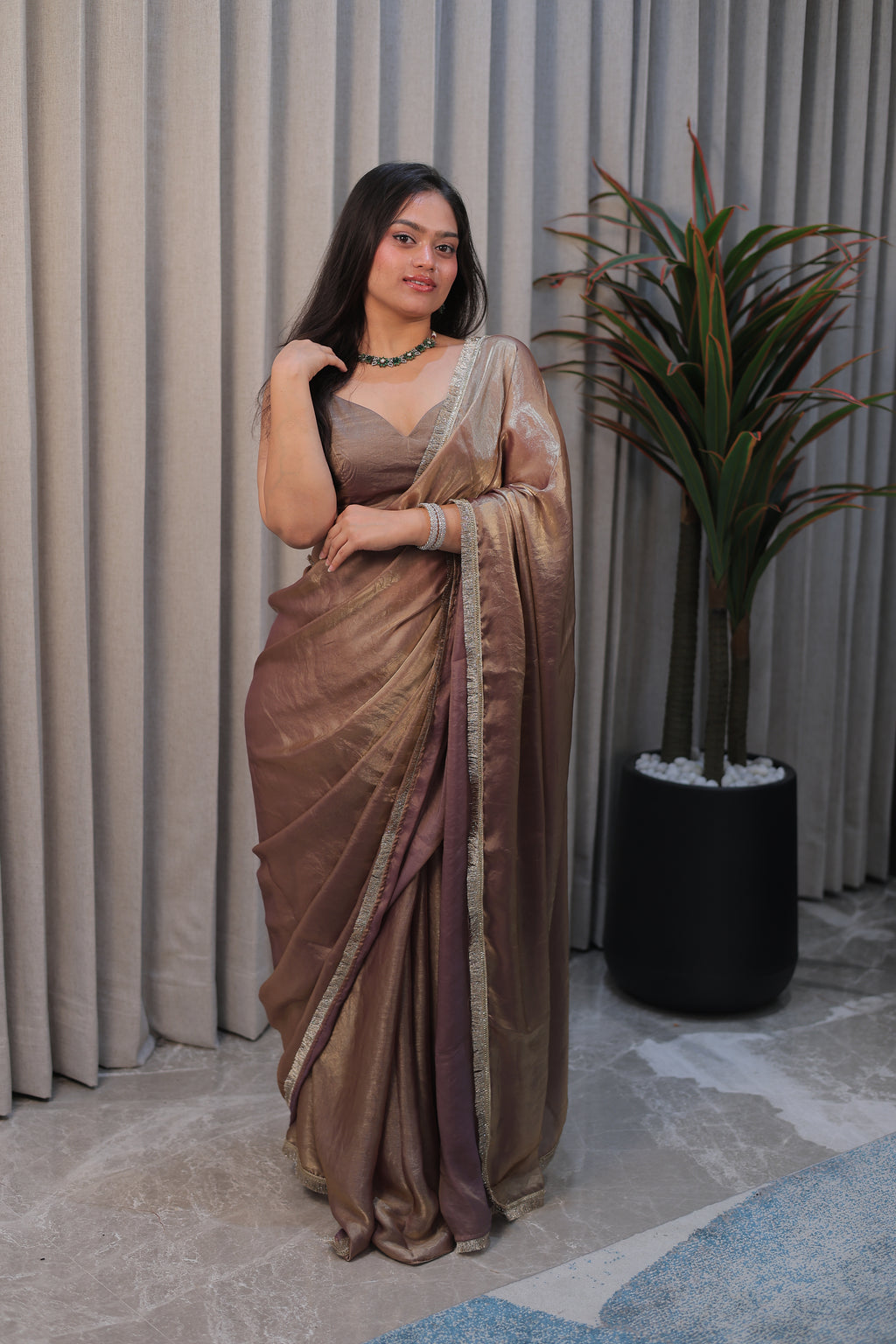 Elegant Coffee Brown Satin Silk Saree with Shimmer Border – Party & Evening Wear