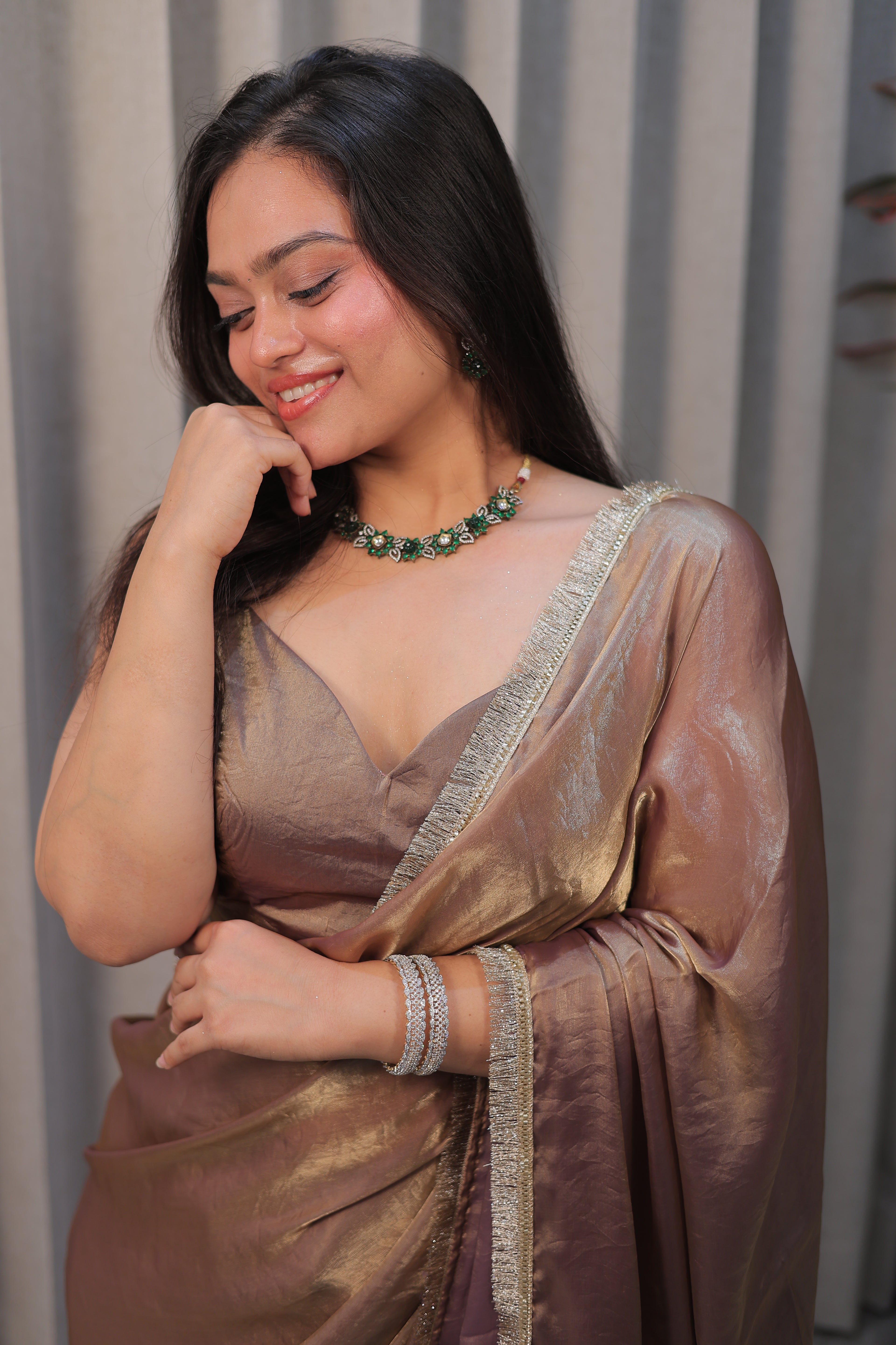 Elegant Coffee Brown Satin Silk Saree with Shimmer Border – Party & Evening Wear