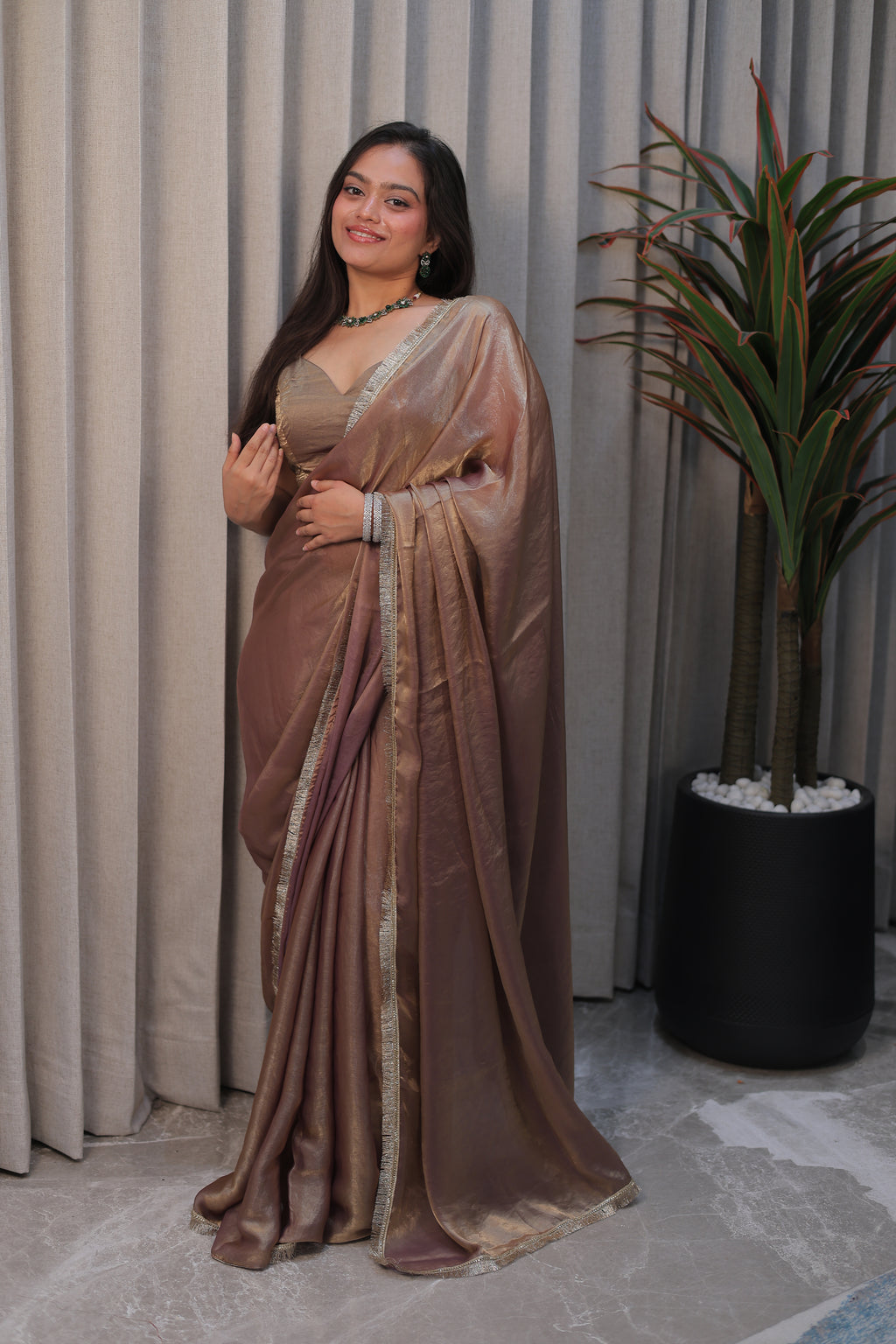 Elegant Coffee Brown Satin Silk Saree with Shimmer Border – Party & Evening Wear