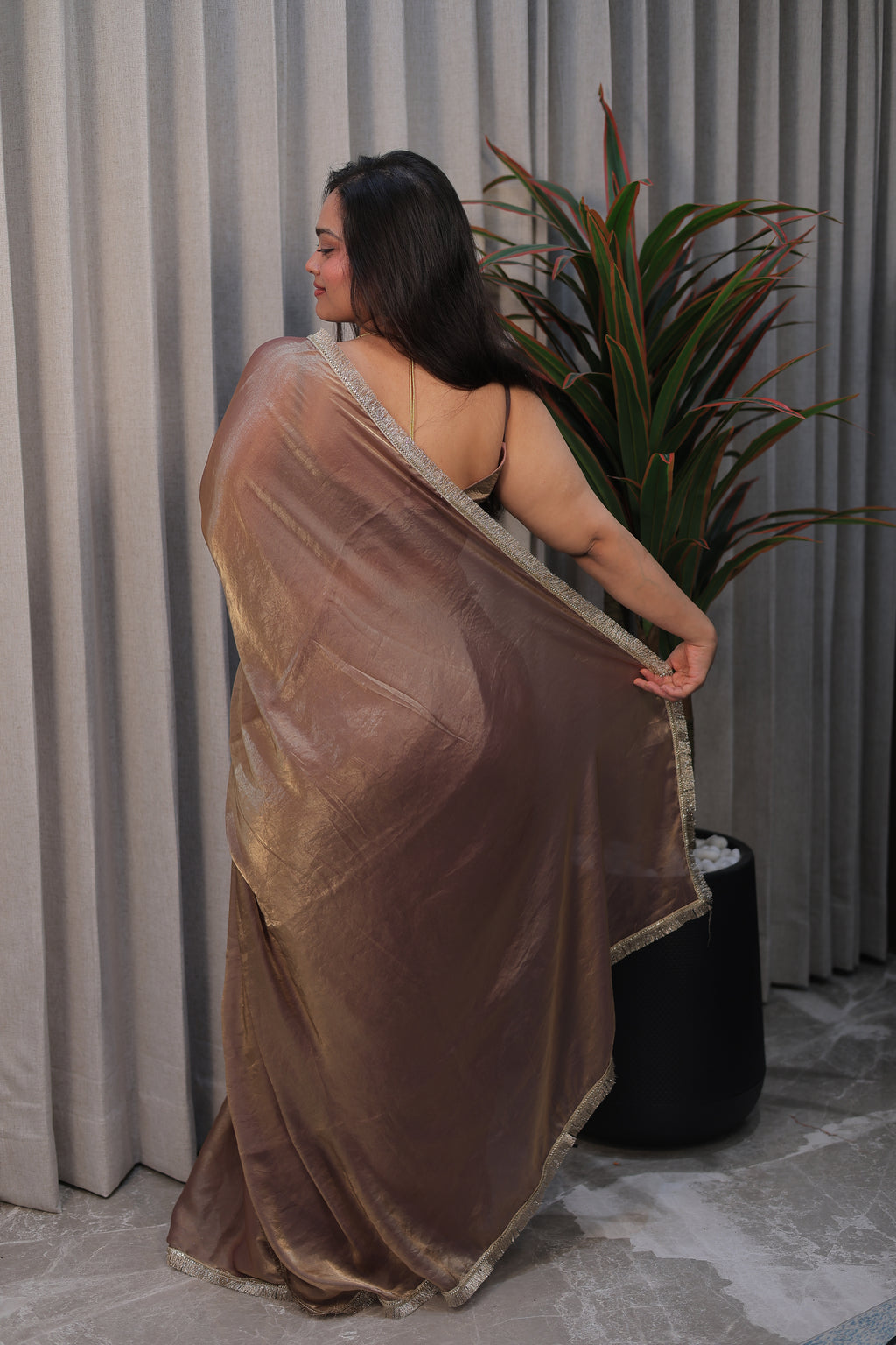 Elegant Coffee Brown Satin Silk Saree with Shimmer Border – Party & Evening Wear