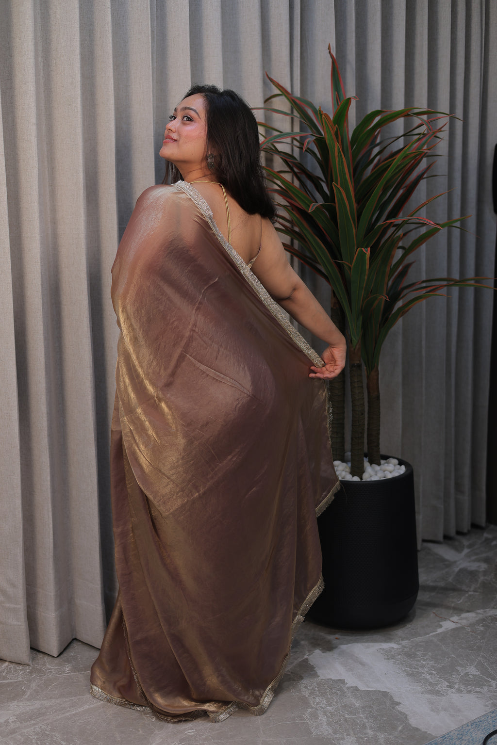 Elegant Coffee Brown Satin Silk Saree with Shimmer Border – Party & Evening Wear