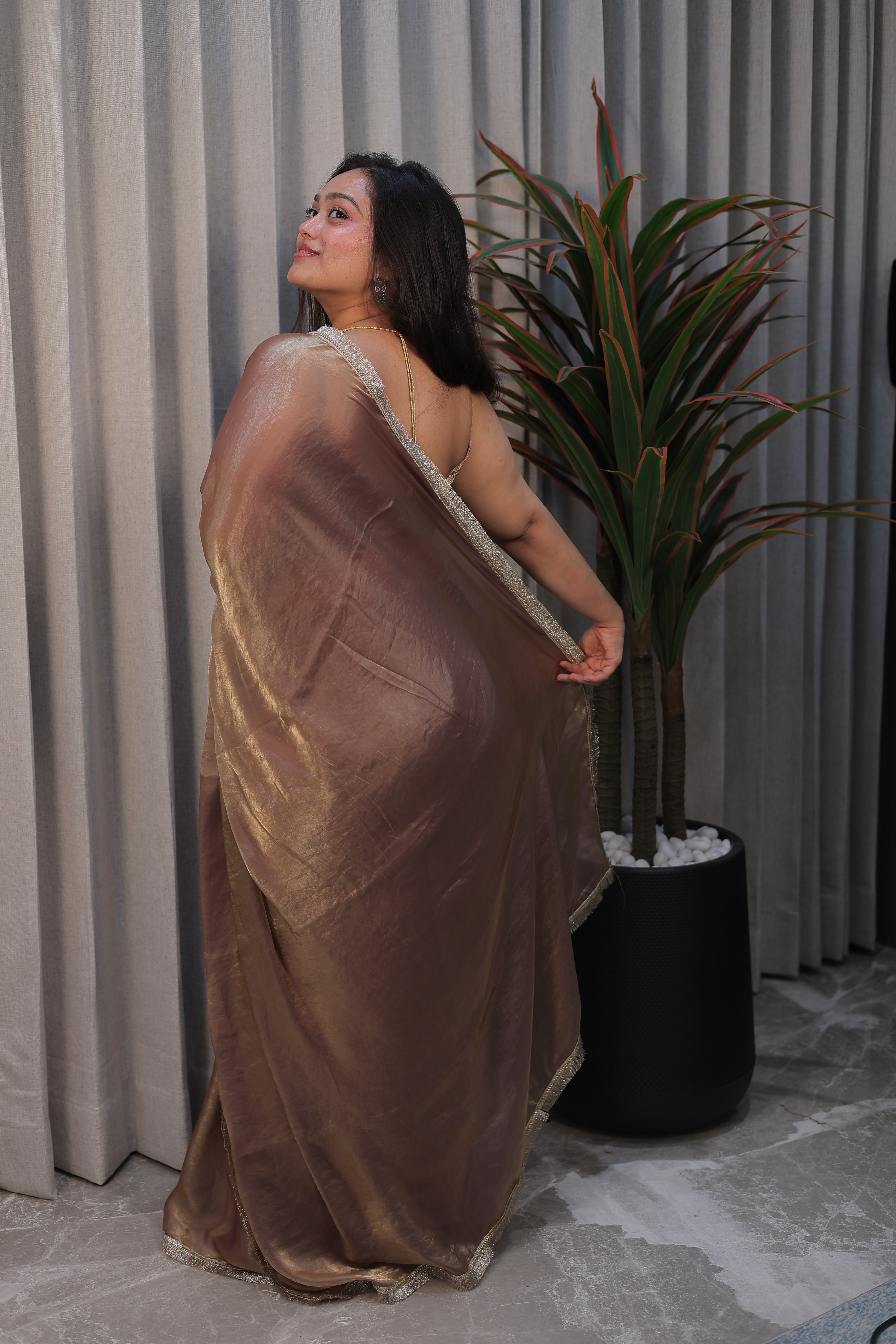 Elegant Coffee Brown Satin Silk Saree with Shimmer Border – Party & Evening Wear