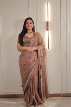 Elegant Coffee Brown Satin Silk Saree with Shimmer Border – Party & Evening Wear