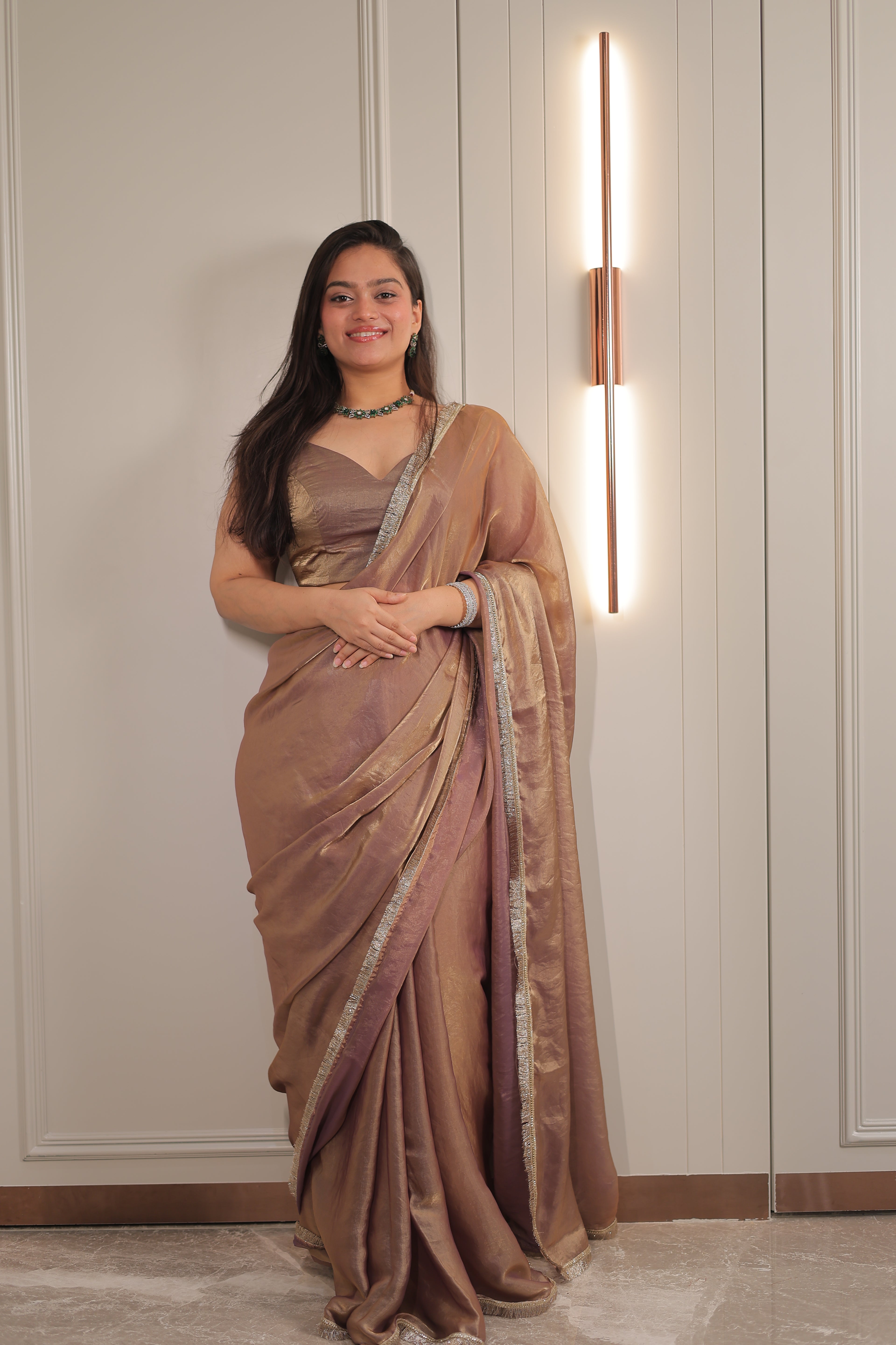 Elegant Coffee Brown Satin Silk Saree with Shimmer Border – Party & Evening Wear