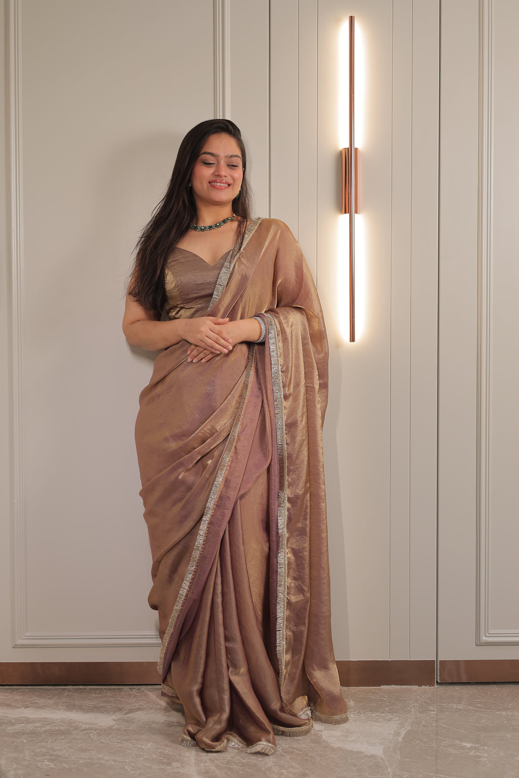Elegant Coffee Brown Satin Silk Saree with Shimmer Border – Party & Evening Wear