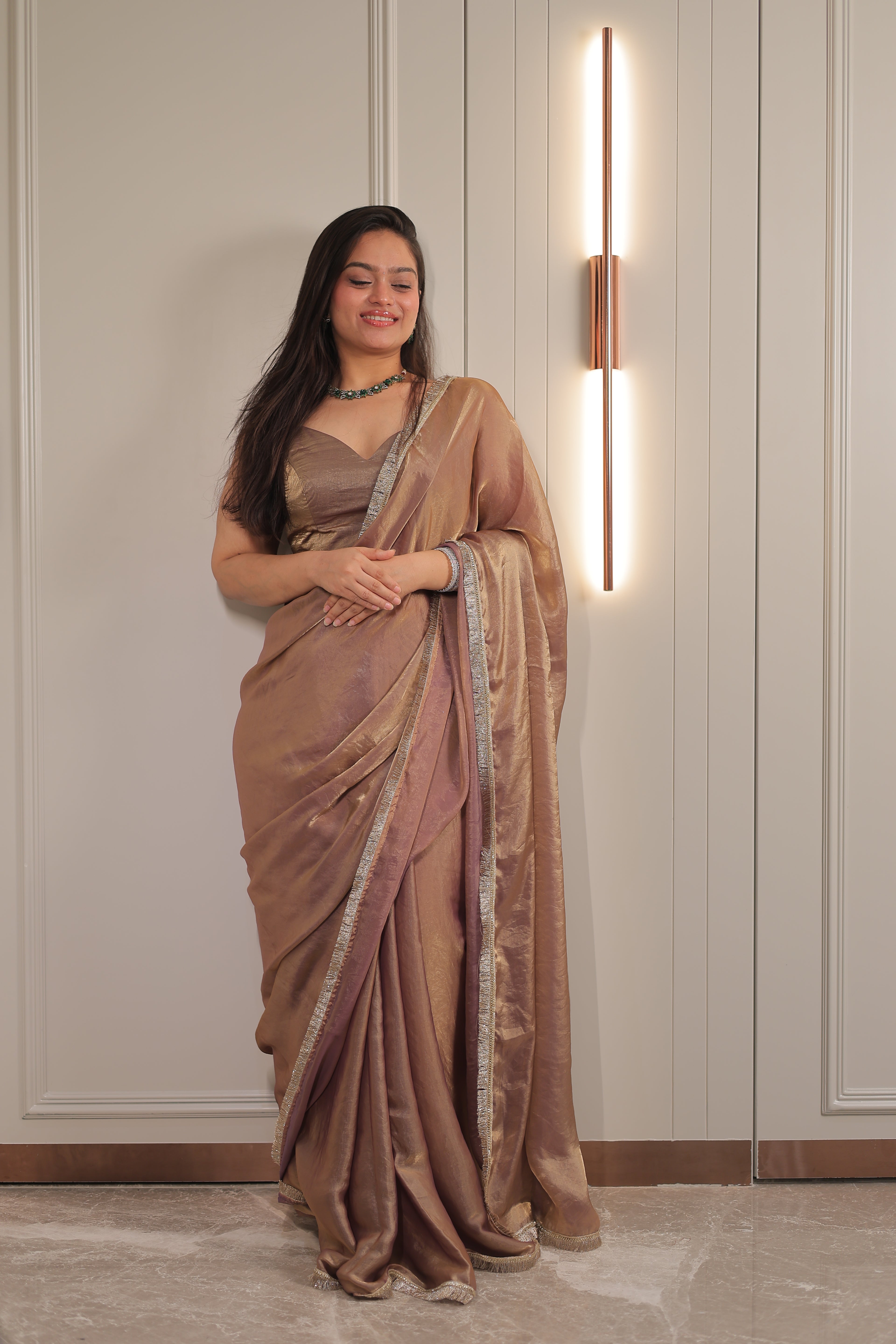 Elegant Coffee Brown Satin Silk Saree with Shimmer Border – Party & Evening Wear