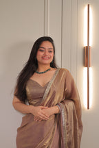 Elegant Coffee Brown Satin Silk Saree with Shimmer Border – Party & Evening Wear