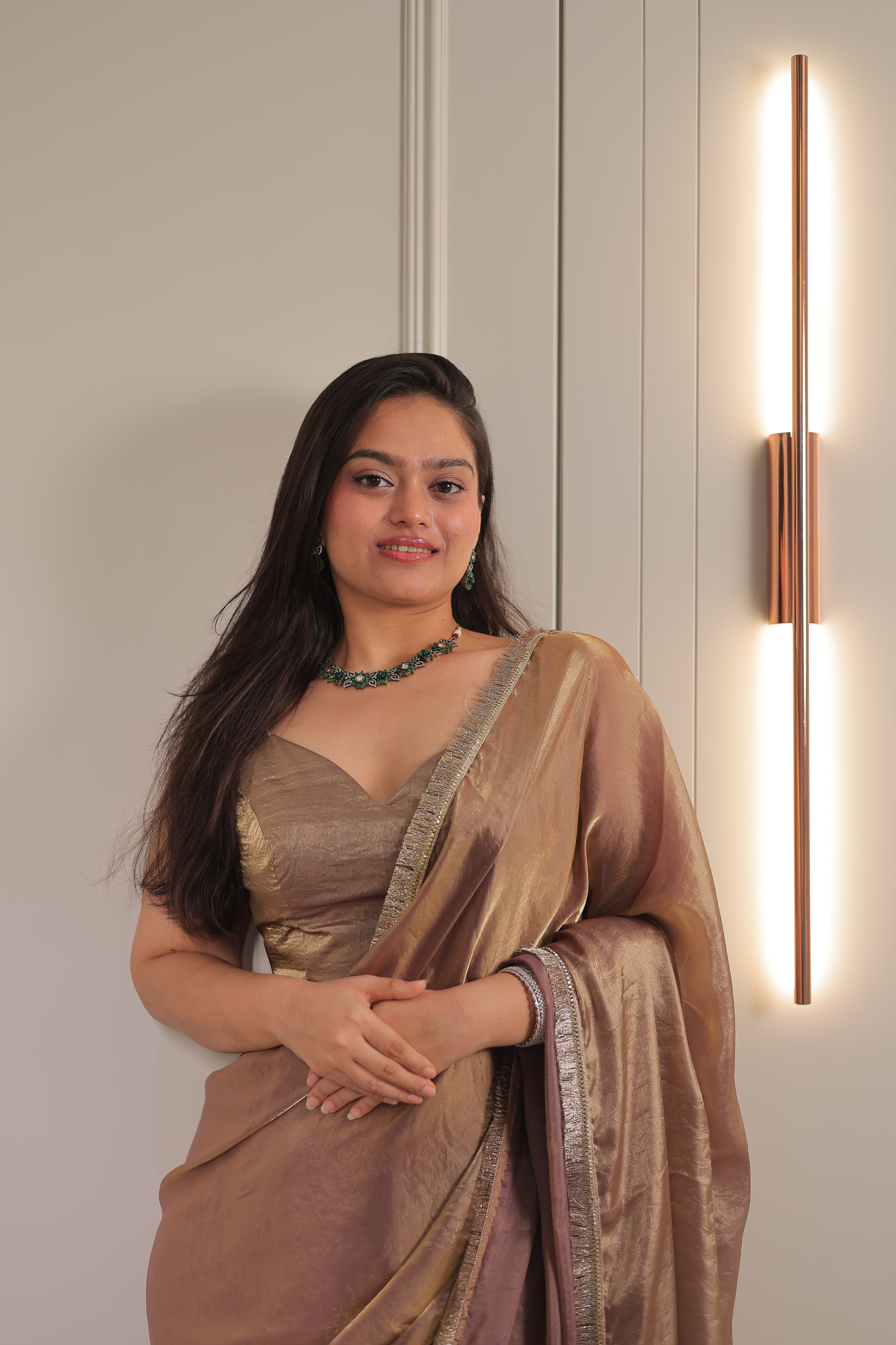 Elegant Coffee Brown Satin Silk Saree with Shimmer Border – Party & Evening Wear