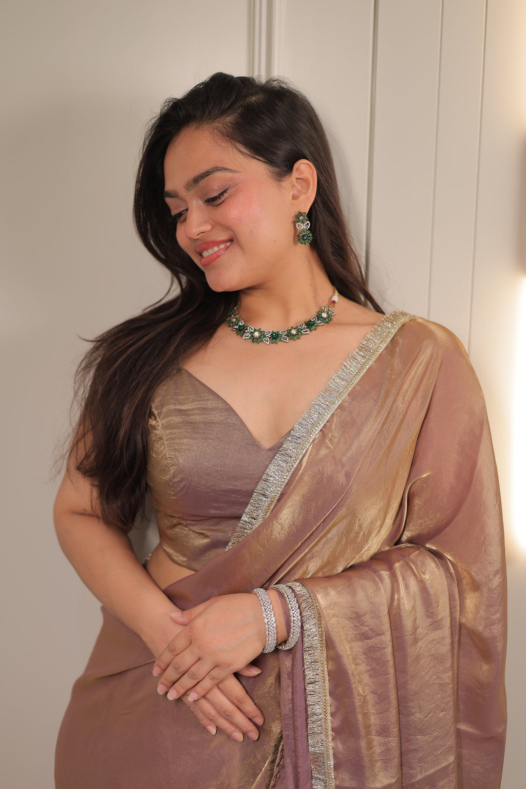 Elegant Coffee Brown Satin Silk Saree with Shimmer Border – Party & Evening Wear