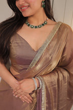 Elegant Coffee Brown Satin Silk Saree with Shimmer Border – Party & Evening Wear