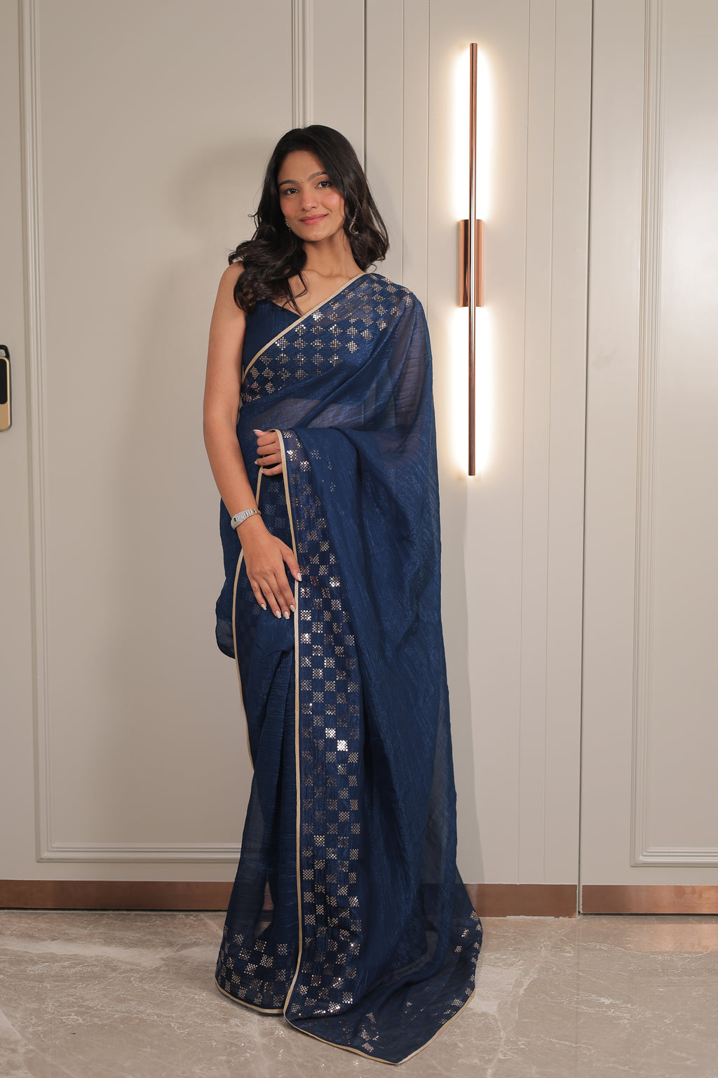 Navy Blue Organza Saree with Sequin Work Border – Elegant Party & Festive Wear Saree for Women