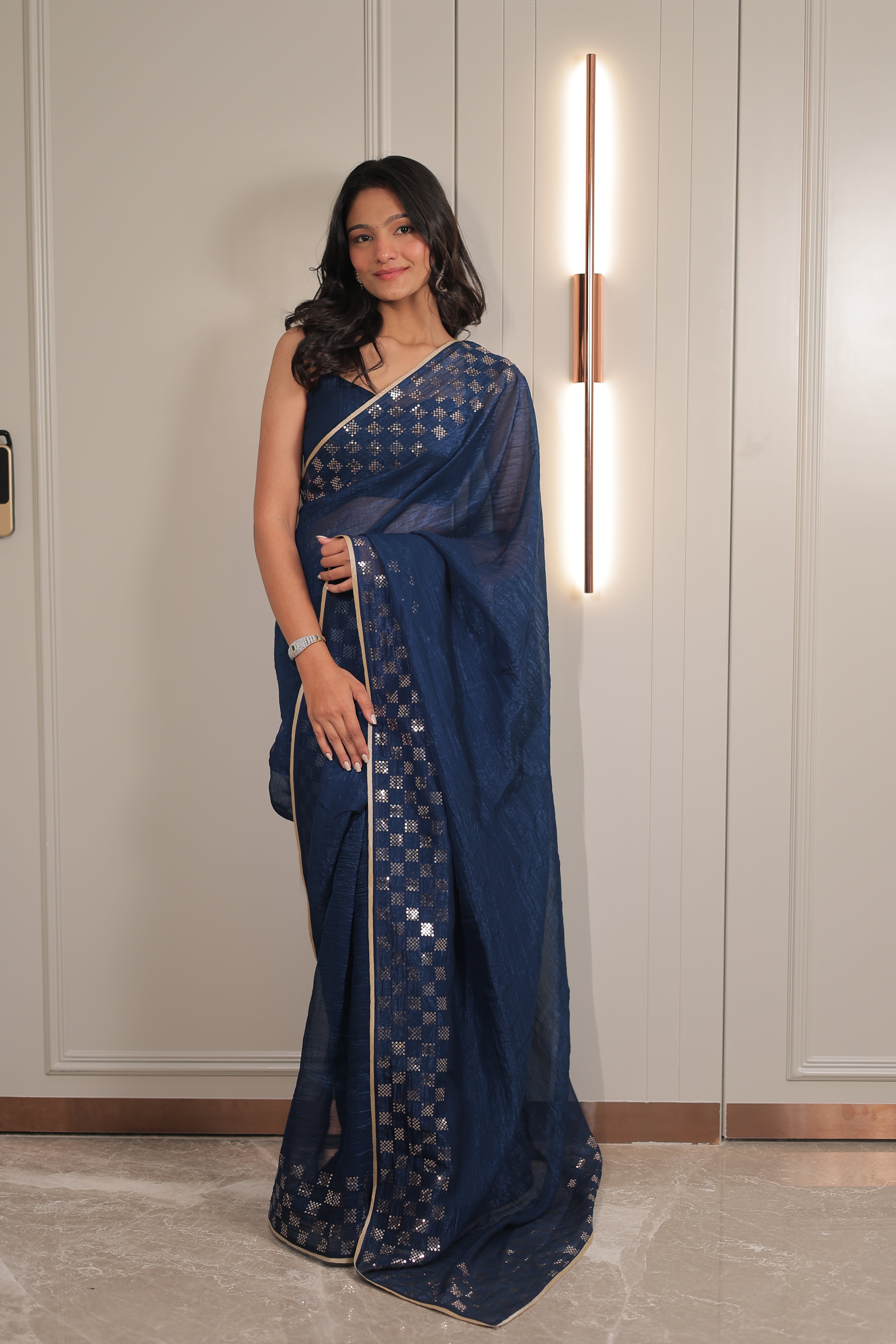 Navy Blue Organza Saree with Sequin Work Border – Elegant Party & Festive Wear Saree for Women