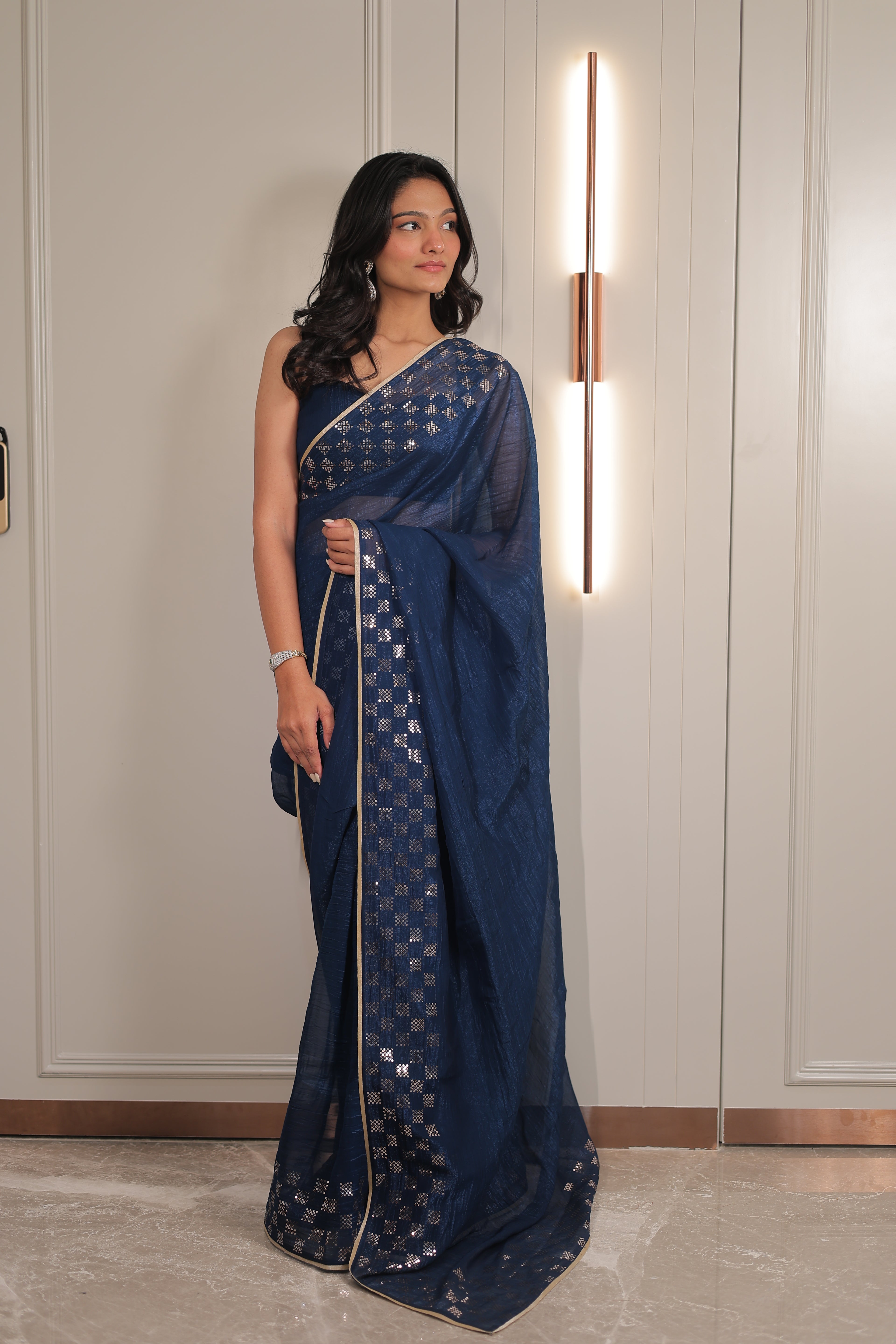 Navy Blue Organza Saree with Sequin Work Border – Elegant Party & Festive Wear Saree for Women