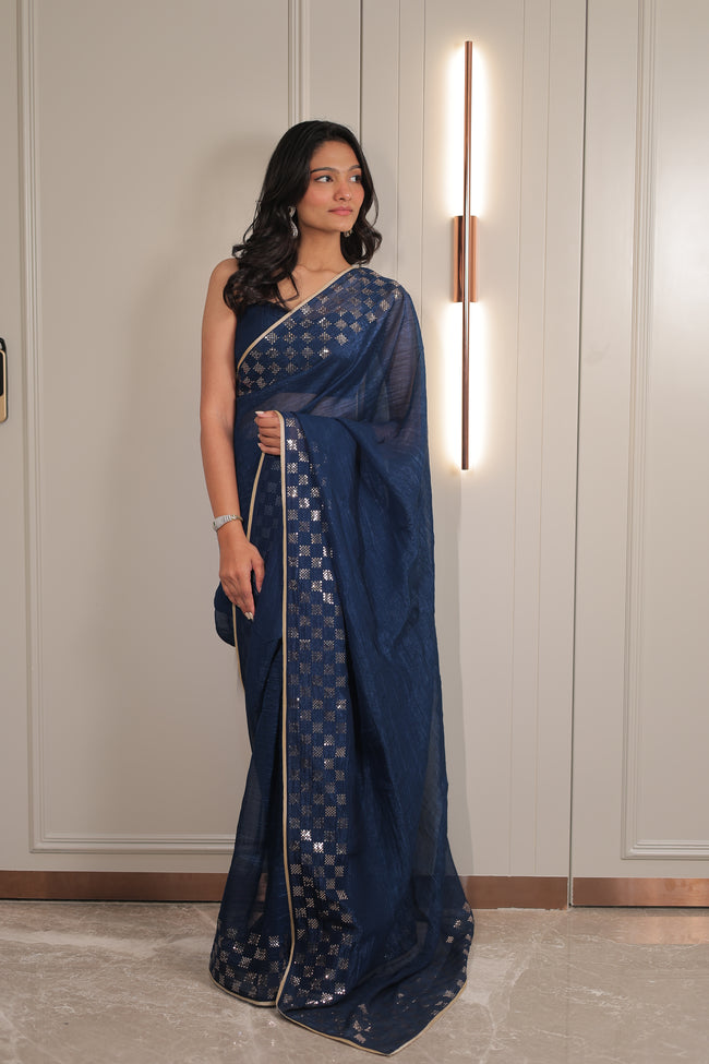 Navy Blue Organza Saree with Sequin Work Border – Elegant Party & Festive Wear Saree for Women Main Image