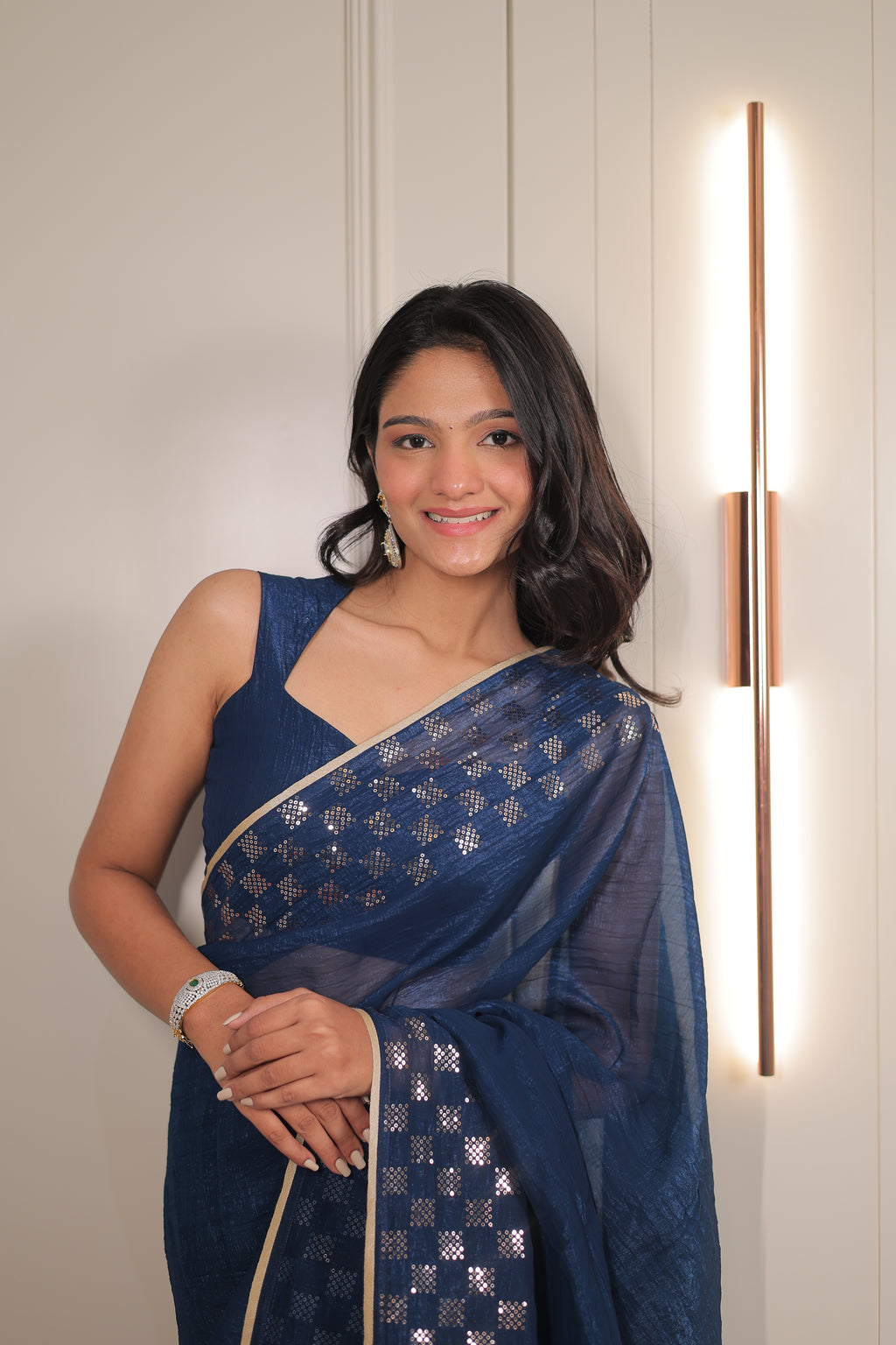 Navy Blue Organza Saree with Sequin Work Border – Elegant Party & Festive Wear Saree for Women