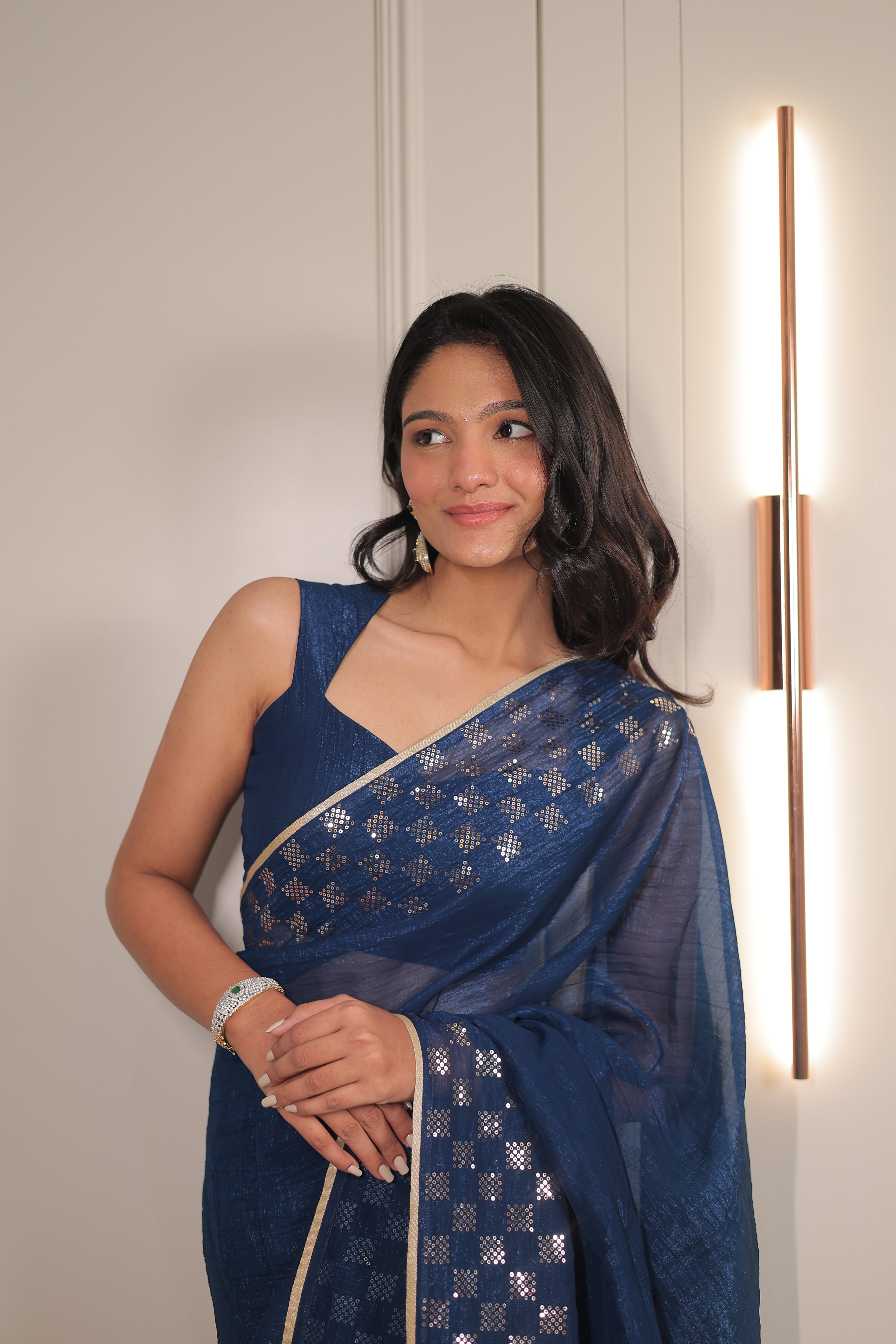 Navy Blue Organza Saree with Sequin Work Border – Elegant Party & Festive Wear Saree for Women