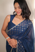 Navy Blue Organza Saree with Sequin Work Border – Elegant Party & Festive Wear Saree for Women
