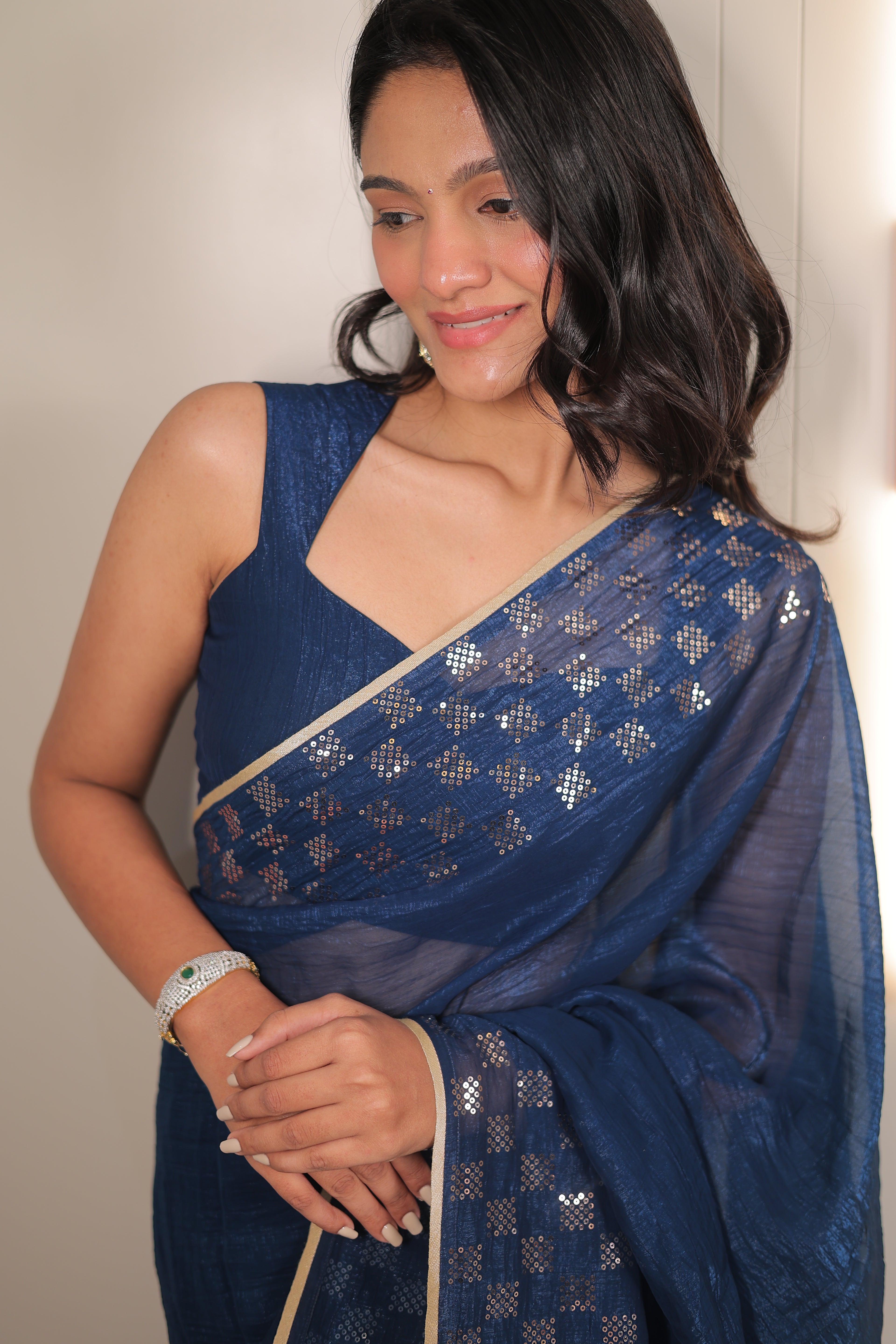 Navy Blue Organza Saree with Sequin Work Border – Elegant Party & Festive Wear Saree for Women