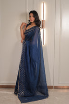 Navy Blue Organza Saree with Sequin Work Border – Elegant Party & Festive Wear Saree for Women