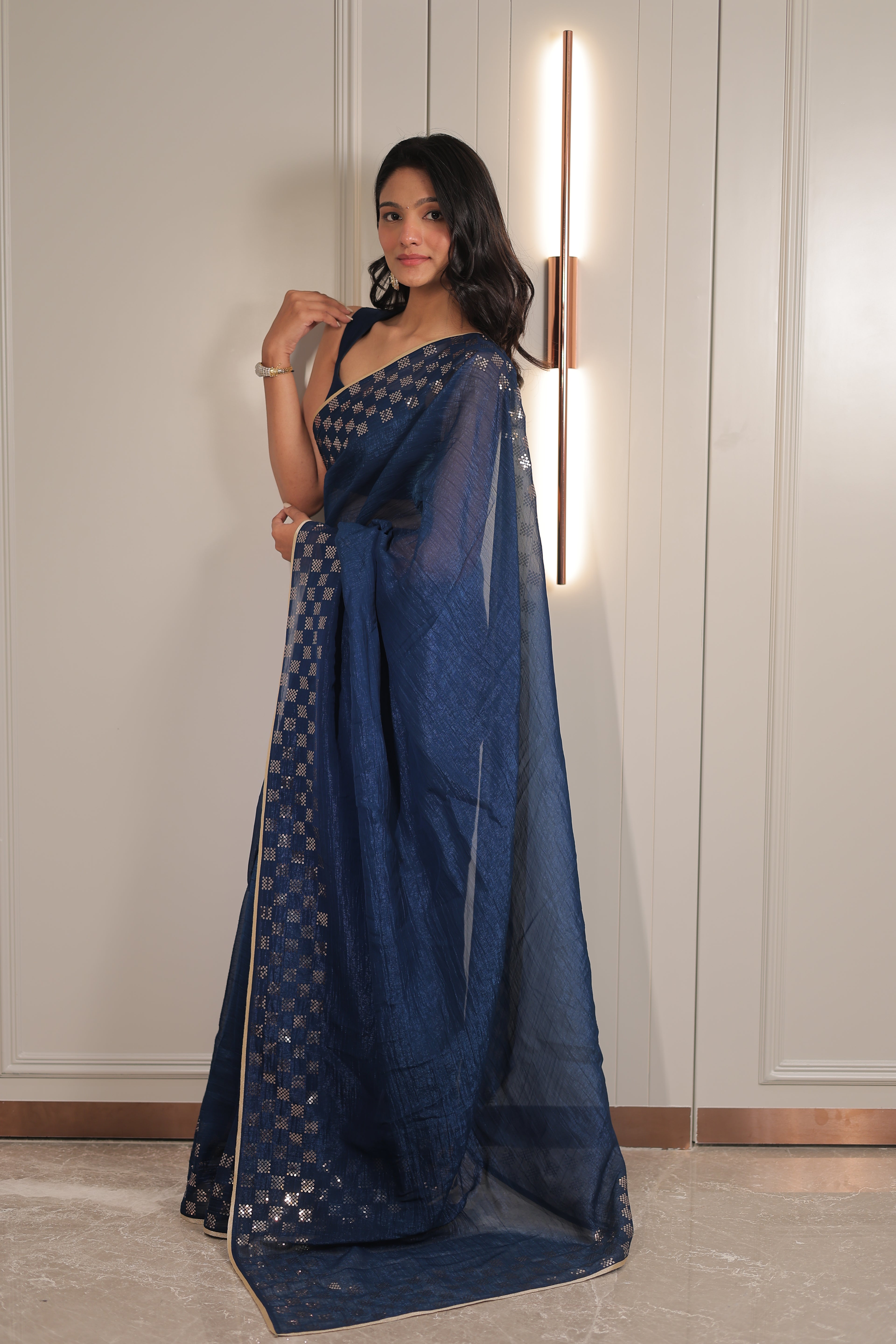 Navy Blue Organza Saree with Sequin Work Border – Elegant Party & Festive Wear Saree for Women