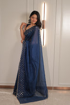 Navy Blue Organza Saree with Sequin Work Border – Elegant Party & Festive Wear Saree for Women
