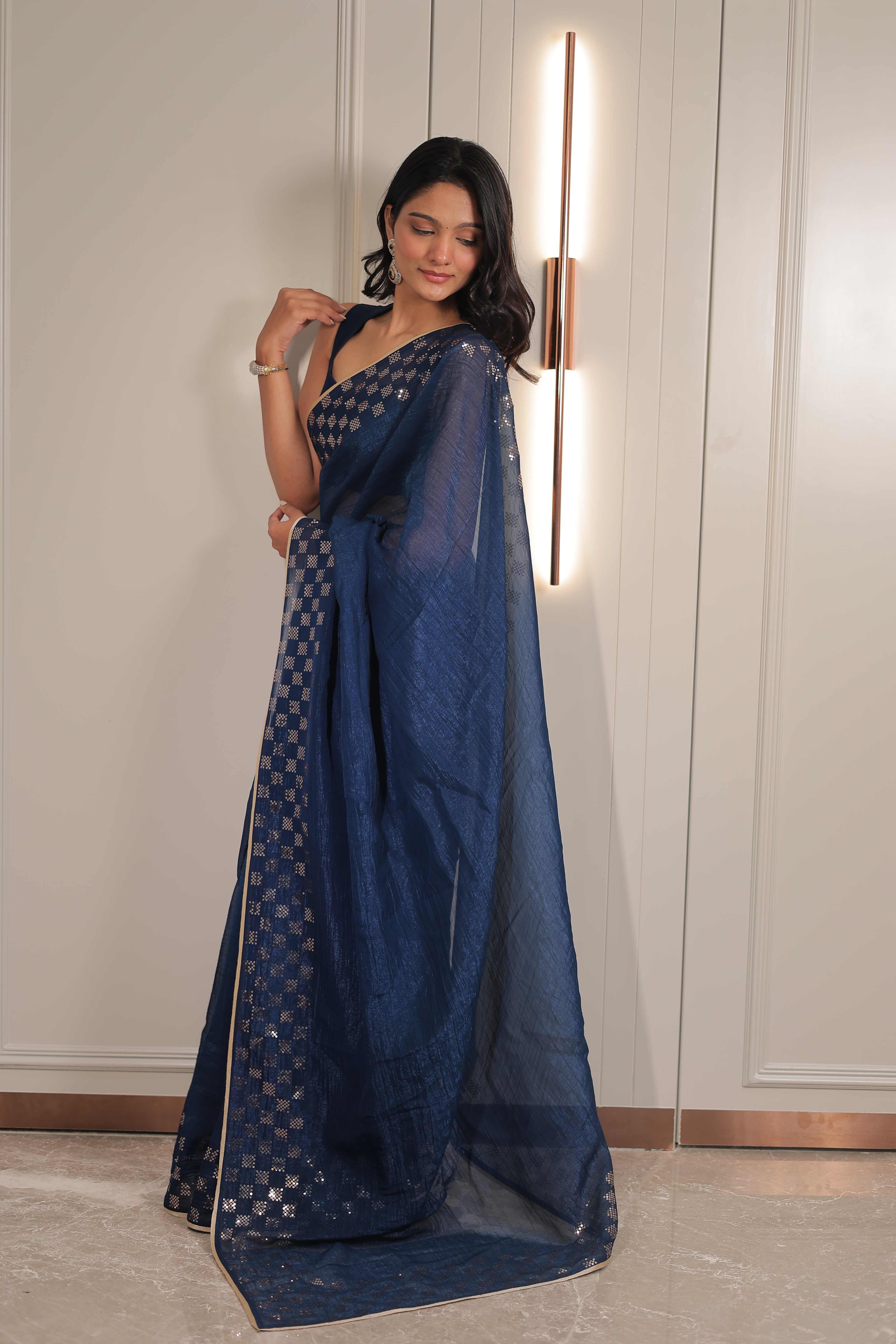 Navy Blue Organza Saree with Sequin Work Border – Elegant Party & Festive Wear Saree for Women