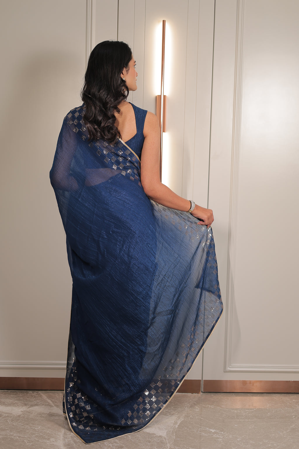 Navy Blue Organza Saree with Sequin Work Border – Elegant Party & Festive Wear Saree for Women