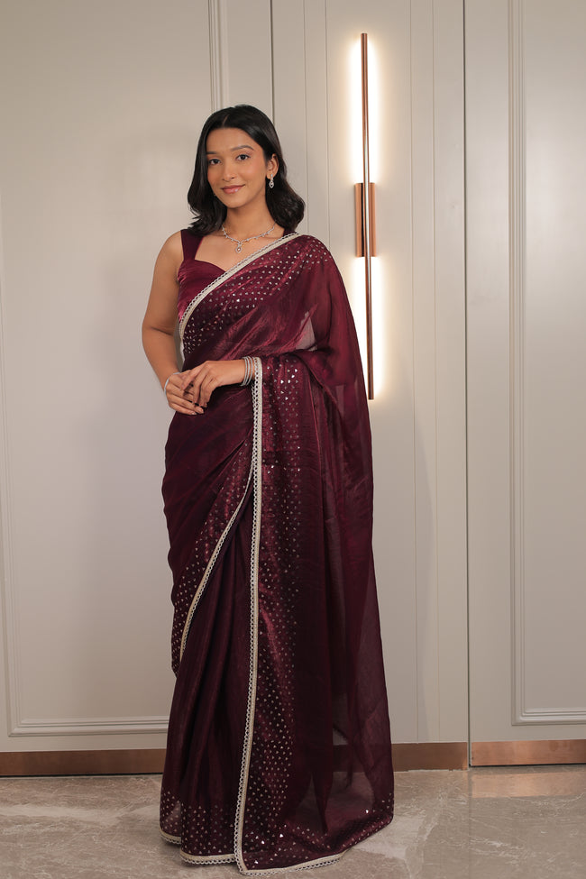 Rich Wine Maroon Satin Silk Saree with Sequin Work & Designer Lace Border – Party Wear Hover Image