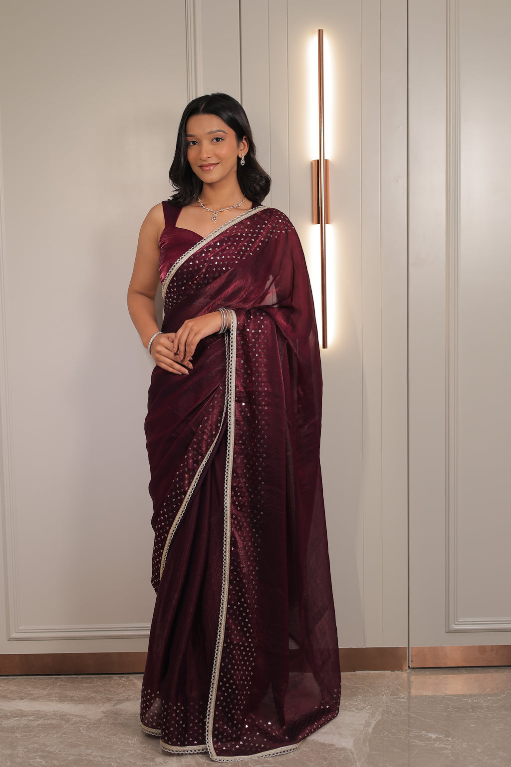 Rich Wine Maroon Satin Silk Saree with Sequin Work & Designer Lace Border – Party Wear