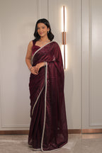 Rich Wine Maroon Satin Silk Saree with Sequin Work & Designer Lace Border – Party Wear